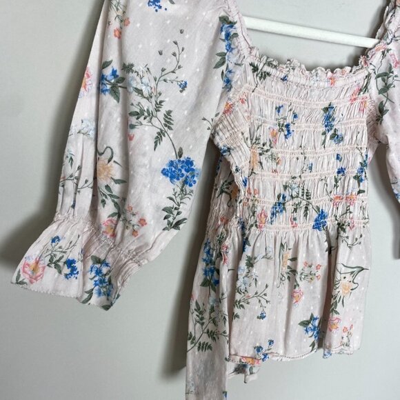 Saylor Clover Smocked Peasant Blouse Top Shirt Womens Medium Pink Floral - Picture 4 of 7